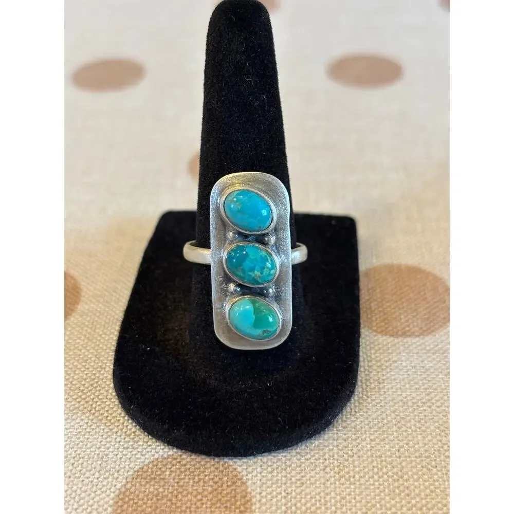 Three Stone Turquoise Sterling Silver Ring | Long Southwestern Statement Ring